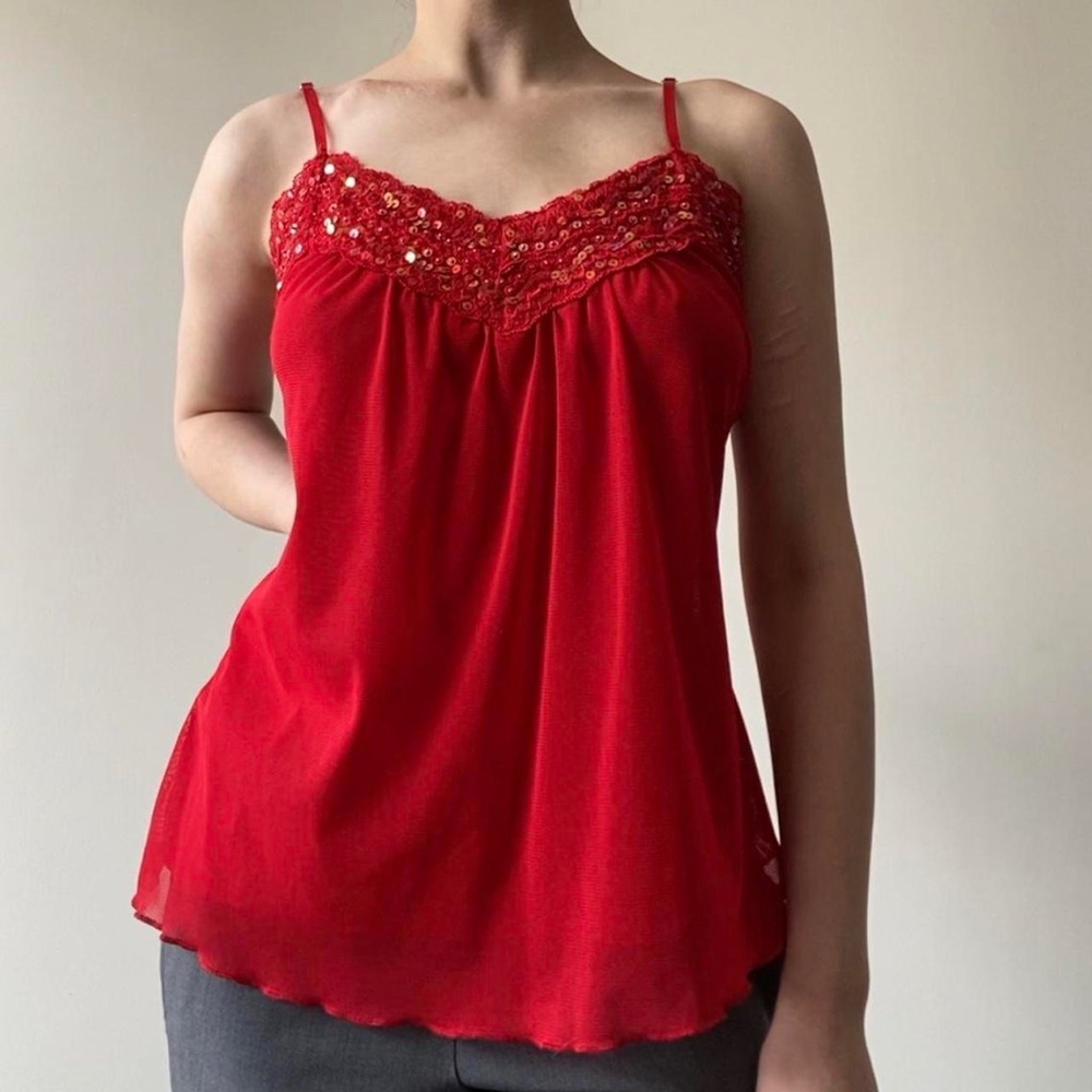 Lipstick Red Lettuce Edge Sequin Cami